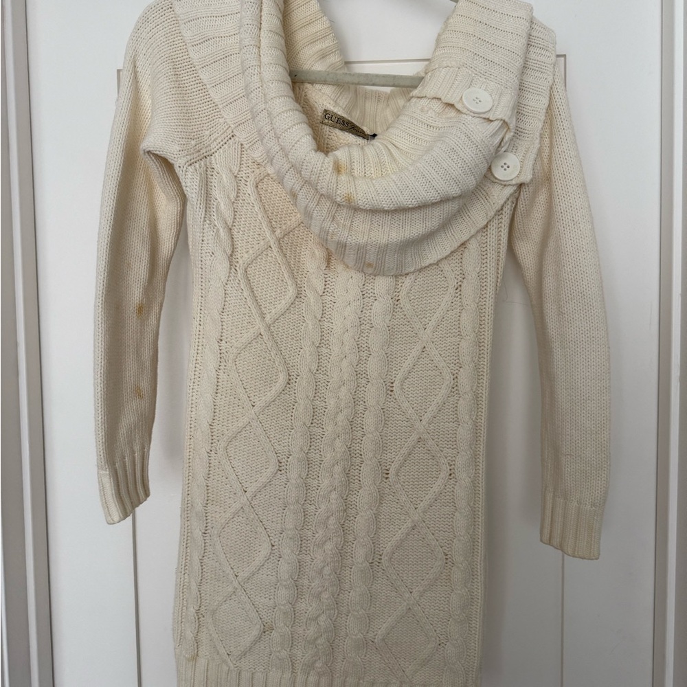 Guess by Marciano Cream Cable-Knit Cowl Neck Sweater Dress